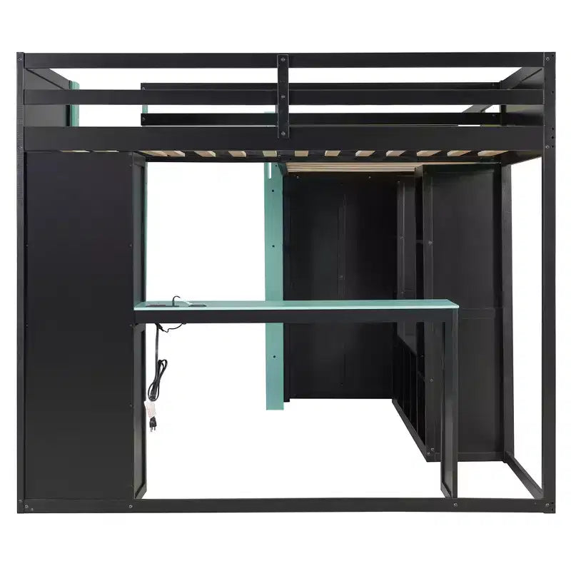 L-Shaped Gaming Loft Bed with Desks, Double Twin Loft Beds with LED Lights, USB Ports, Storage Bookshelves, Wood Corner Loft Bed for 2