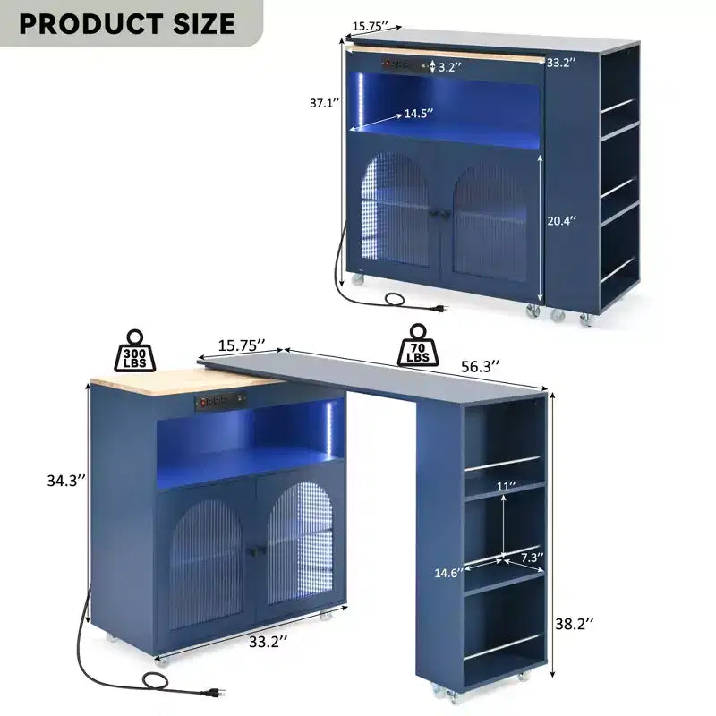 Îlot de cuisine roulant avec 2 portes en verre, Desserte de cuisine avec table extensible et prises de courant, Îlot de cuisine avec étagères ouvertes latérales