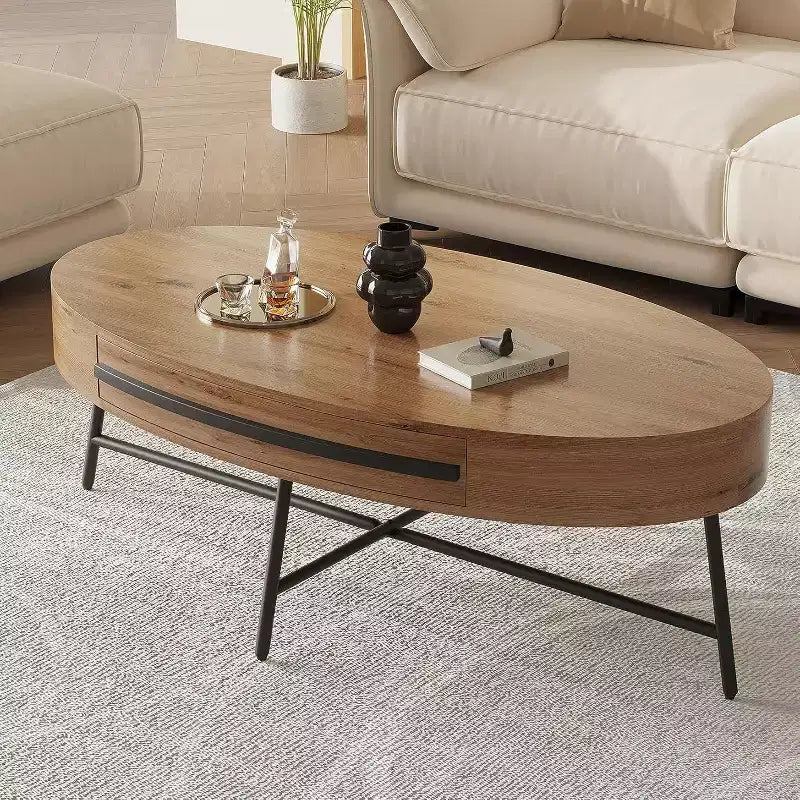Table basse ovale Acekool avec tiroir, table de rangement en bois 120 cm avec pieds en métal croisés, table basse de style moderne du milieu du siècle en saule naturel et doré
