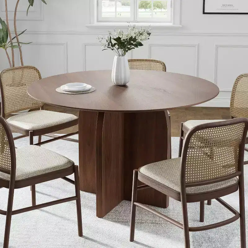 PexFix 45 x45 Solid Wood Round Dining Table with Walnut Finish and Elegant Arched Legs for Modern Dining Rooms & Kitchens