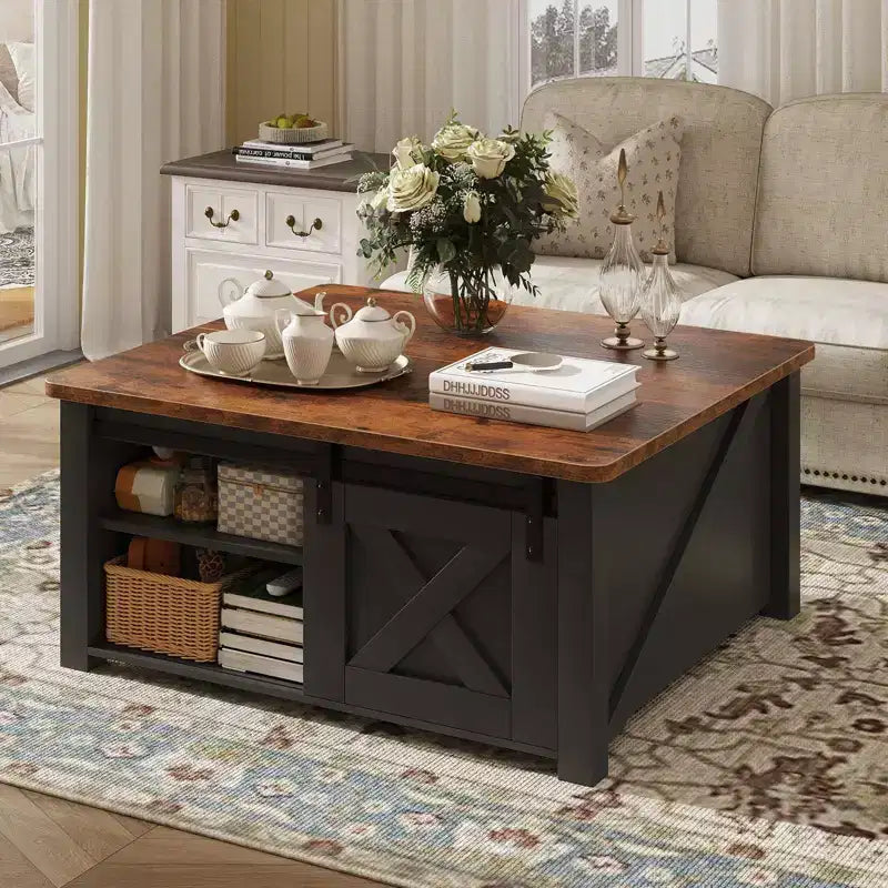 JIONJOY 31.5 Lift Top Coffee Table with Large Hidden Storage, Adjustable Shelves, Farmhouse Square Center Table for Living Room, Small Spaces