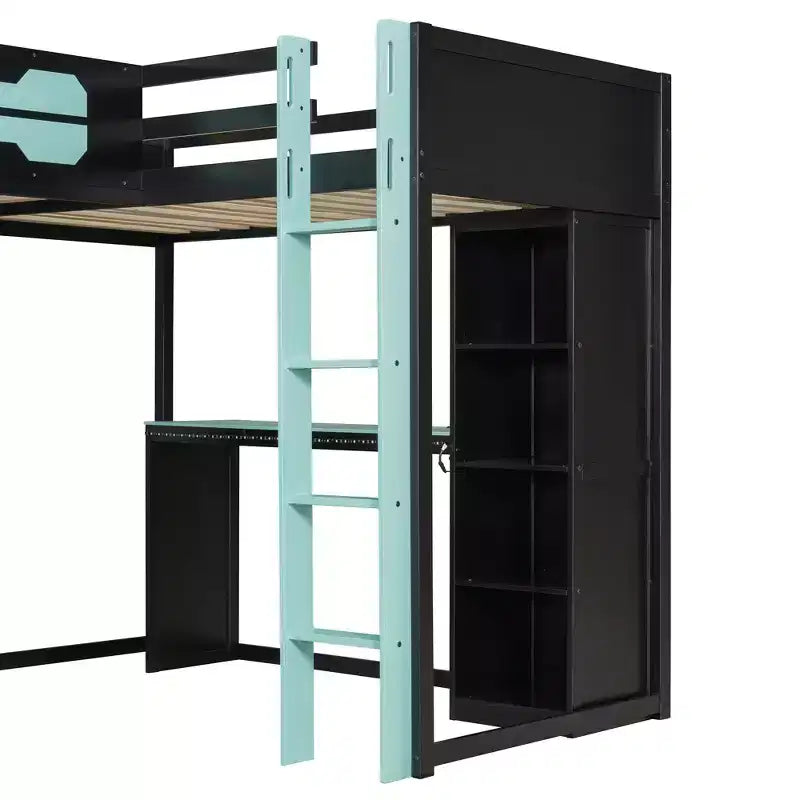 L-Shaped Gaming Loft Bed with Desks, Double Twin Loft Beds with LED Lights, USB Ports, Storage Bookshelves, Wood Corner Loft Bed for 2