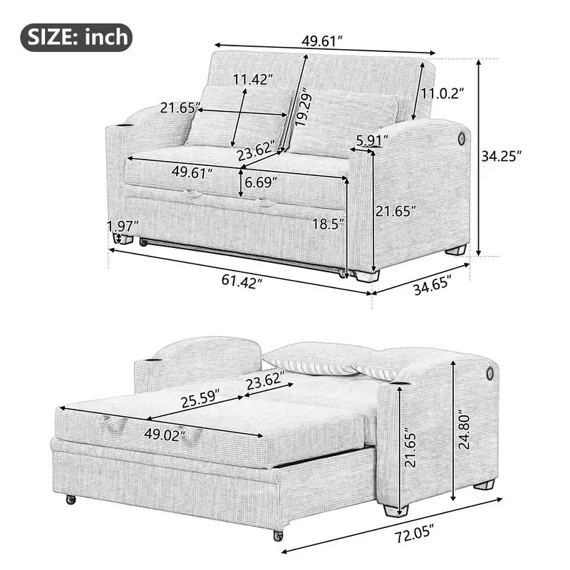 61.6 Modern Chenille Convertible Sofa Bed with USB Ports, Cup Holders & Adjustable Backrest for Living Room, Apartment