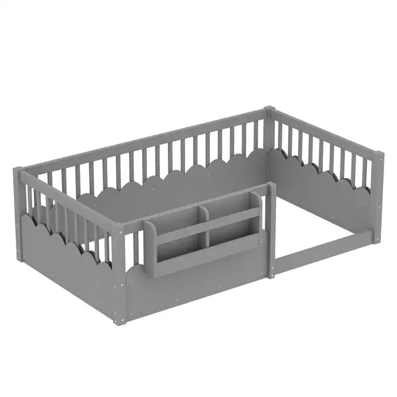 Bellemave Kids Floor Bed with Heightened Fence and Bookshelf, Wooden Twin Montessori Bed Frame for Girls Boys