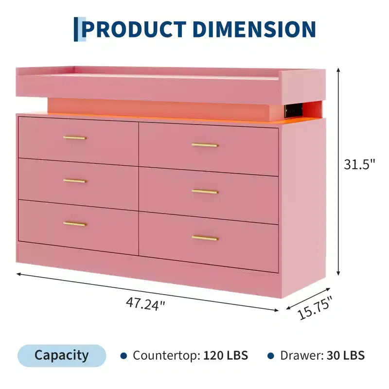 Modern TV Stand with 6 Drawers & LED Lights, Floating Countertop Coffee Bar for Living Room Entertainment Center