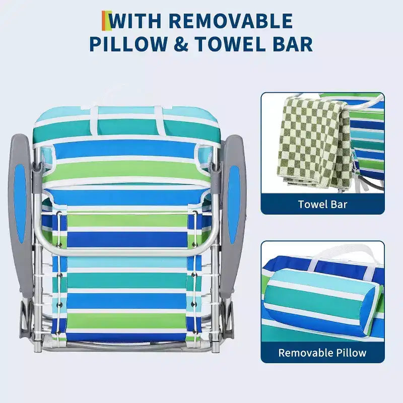 Acekool Lot de 2 chaises de plage légères pliables à 5 positions pour adultes avec sangles, porte-gobelet et barre à serviettes, supporte 136 kg