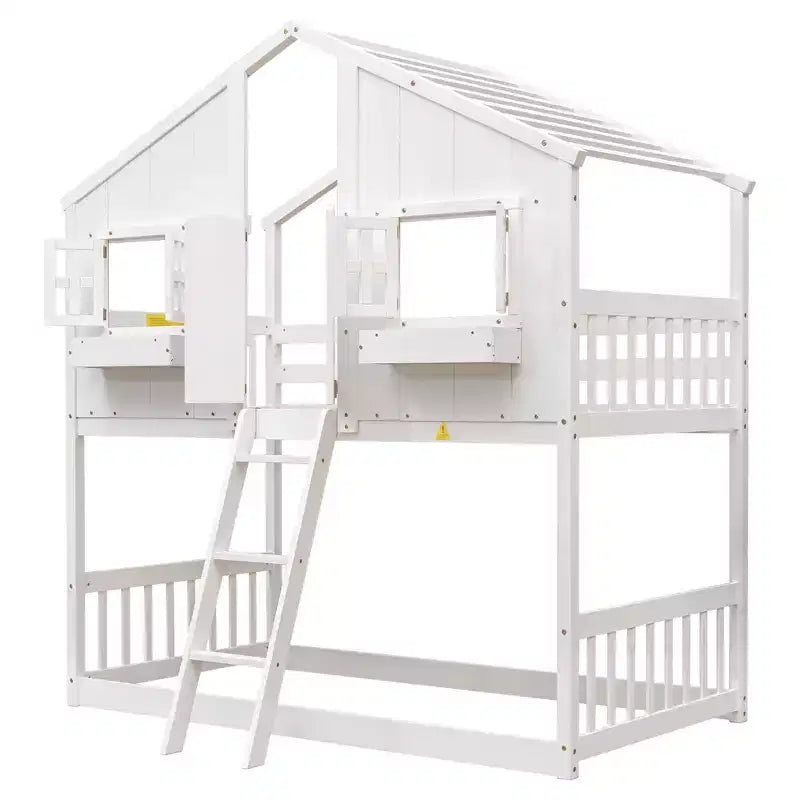 Twin Size House-Shaped Loft Bed, Wood Playhouse Loft Bed with Ladder & Guardrails for Kids