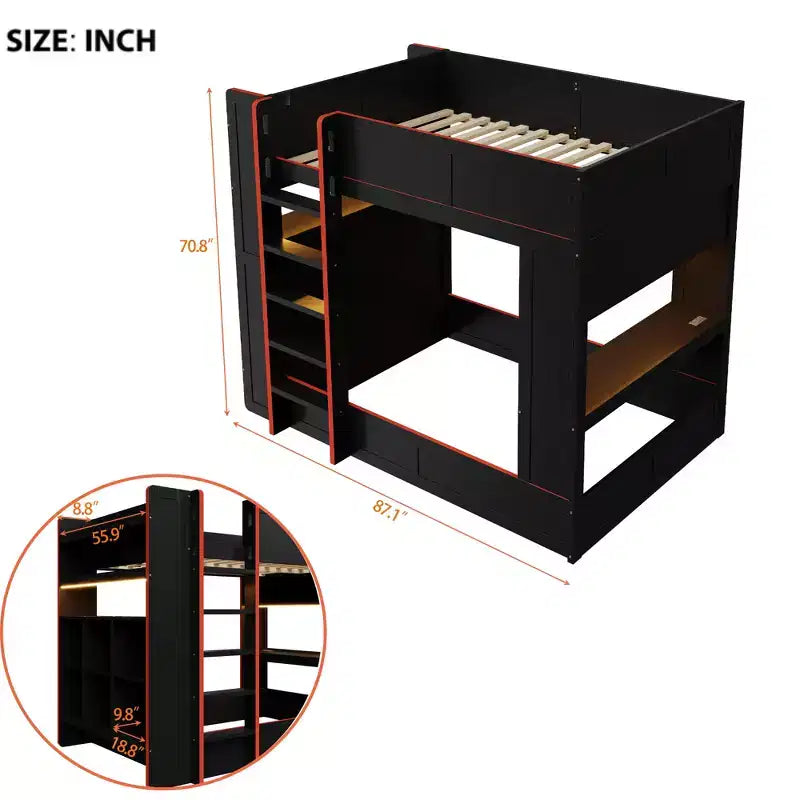 Full Size Wood Gaming Bunk Bed with Built-In Desk, Storage Shelves, 7-Color LED Lights & Charging Station, Black - ModernLuxe