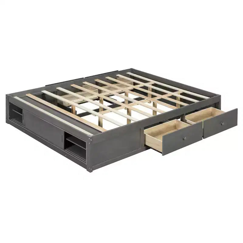 Whisen Queen Platform Bed Frame with 4 Storage Drawers and Footboard Storage