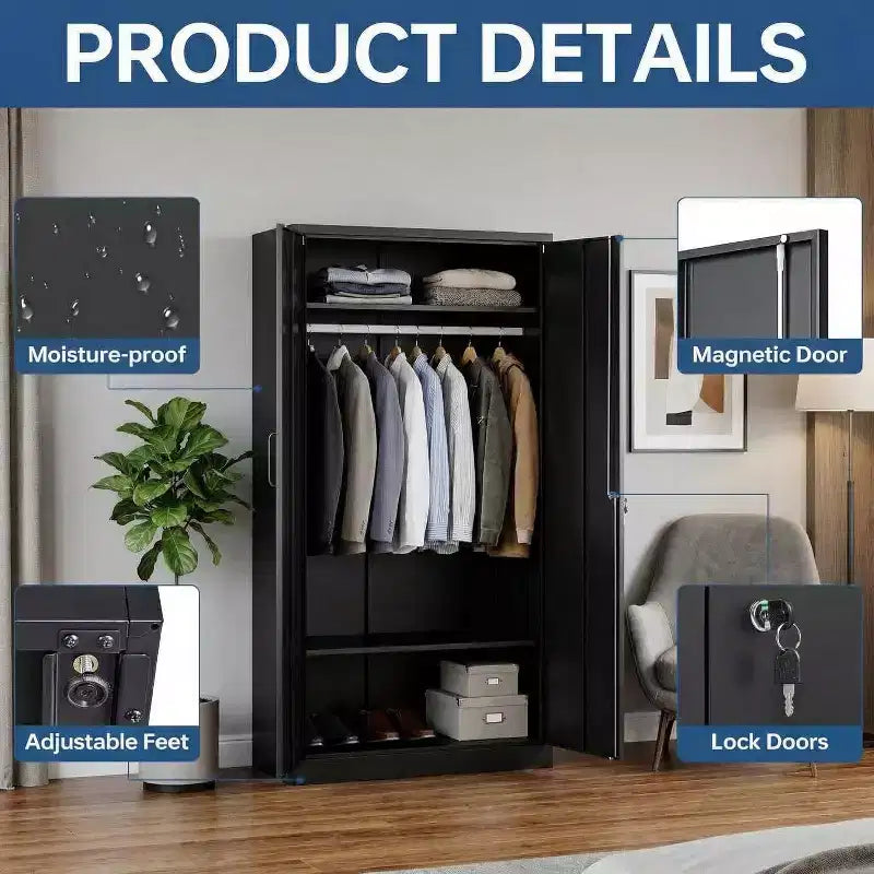72in Wardrobe Cabinet with Lock, Black Metal Garage Storage Cabinets with Adjustable Shelves & Hanging Rod, Metal Cabinet Storage for Home, Bedroom