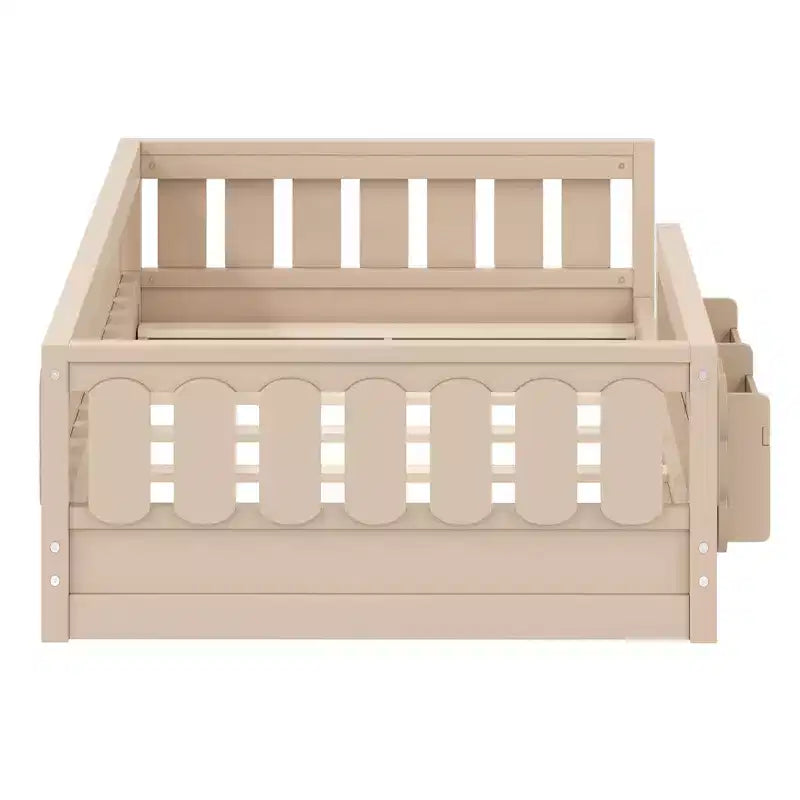 Twin and Full Size Kid Platform Bed Frame with Guardrail, Built-in Bookshelves and Storage Shelves