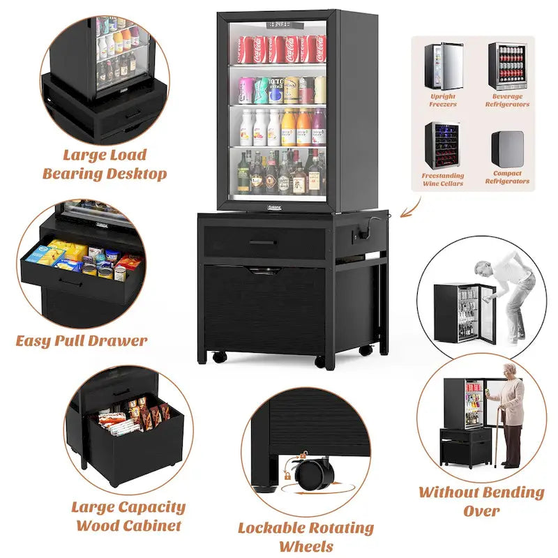 Mini Fridge Stand with Charge Station, Side/ End Table with Storage Drawers and Rolling Cabinet