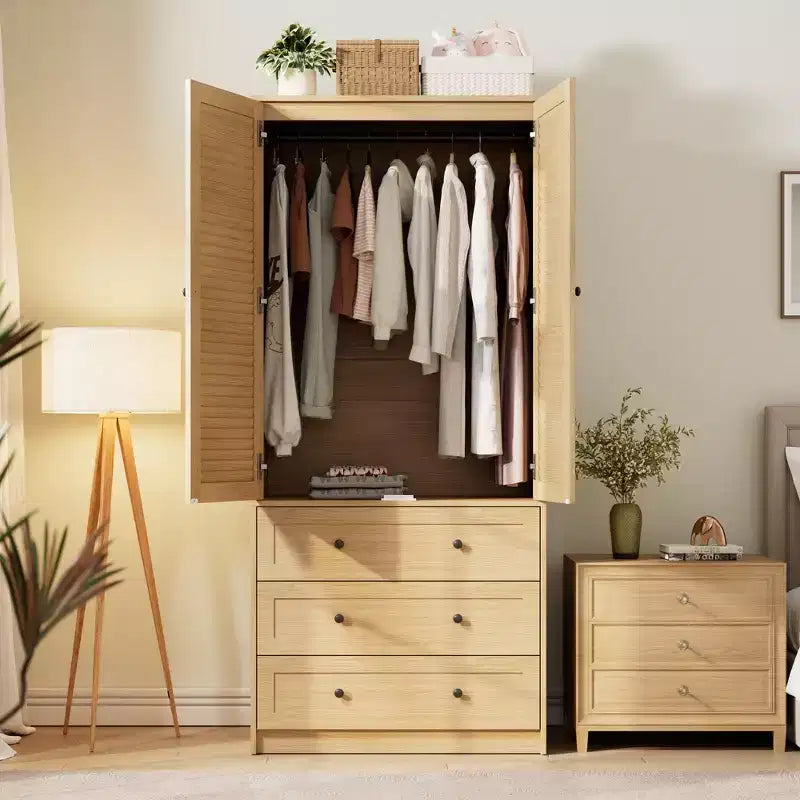 COZONY Armoire Wardrobe with 3 Drawers & 2 Doors, Modern Wooden Closet Cabinet for Bedroom, Heavy Duty White Standing Armoire