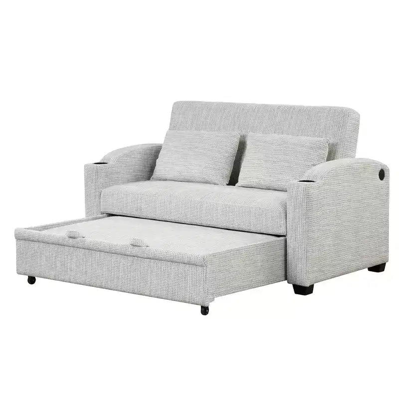 61.6 Modern Chenille Convertible Sofa Bed with USB Ports, Cup Holders & Adjustable Backrest for Living Room, Apartment