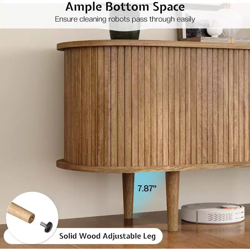 AMERLIFE 70 TV Stand with Solid Wood Legs, Mid Century Modern TV Console with Tambour Door