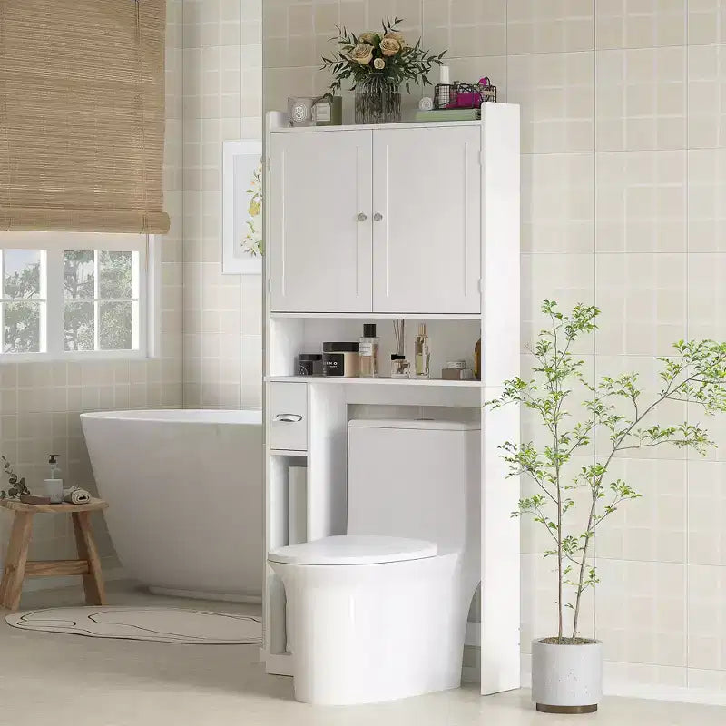 Meuble de rangement WC HOMCOM, Armoire de salle de bain moderne au-dessus des toilettes avec 2 portes, porte-papier toilette, étagère WC autoportante