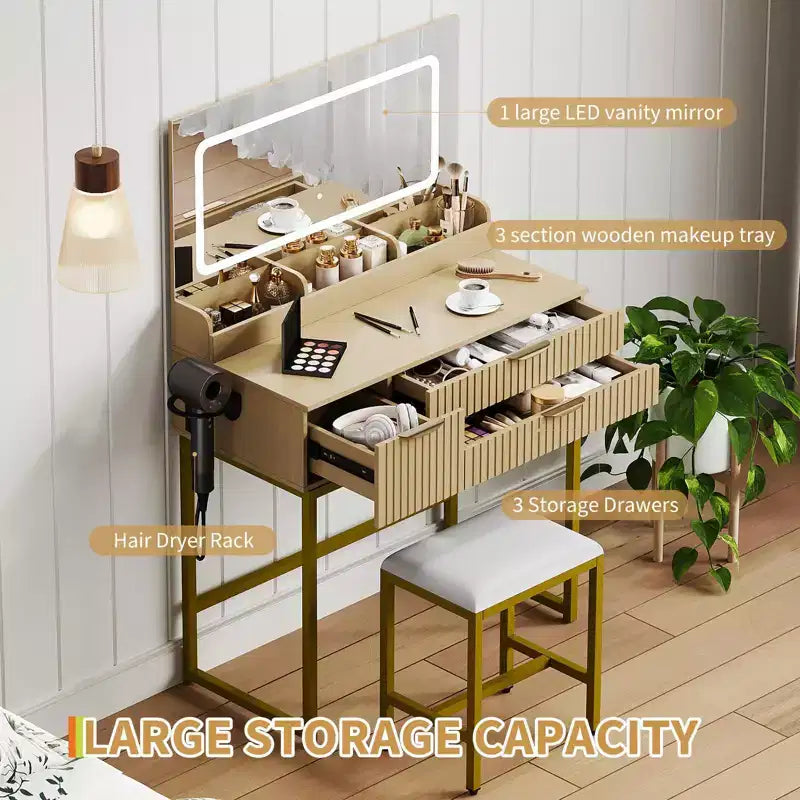 Vanity Desk with Mirror and Lights, LED Lighted Mirror Design, Ample Storage Drawers for Cosmetics and Toiletries Organization