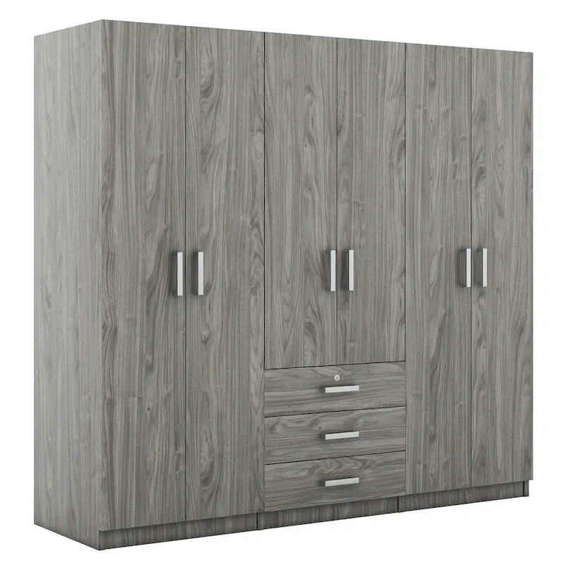 Armoire 6 portes en bois avec 3 grands tiroirs de rangement pour chambre à coucher
