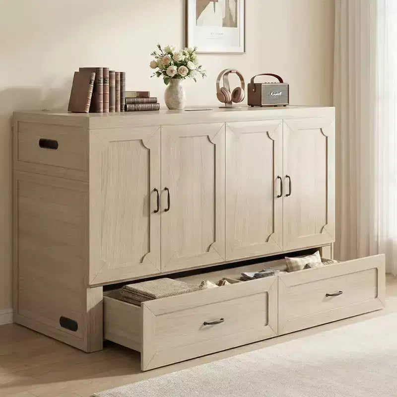 Mjkone Queen Size Convertible Murphy Cabinet Bed with USB Charging, Storage Drawers,No Mattress Included