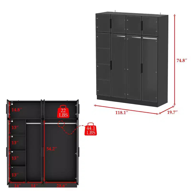 Hitow Pure Black Luxury Armoire with Tempered Glass Doors 3-Color LED Wardrobe Floor-to-Ceiling Bedroom Closet Organizer Dressing Room Closet