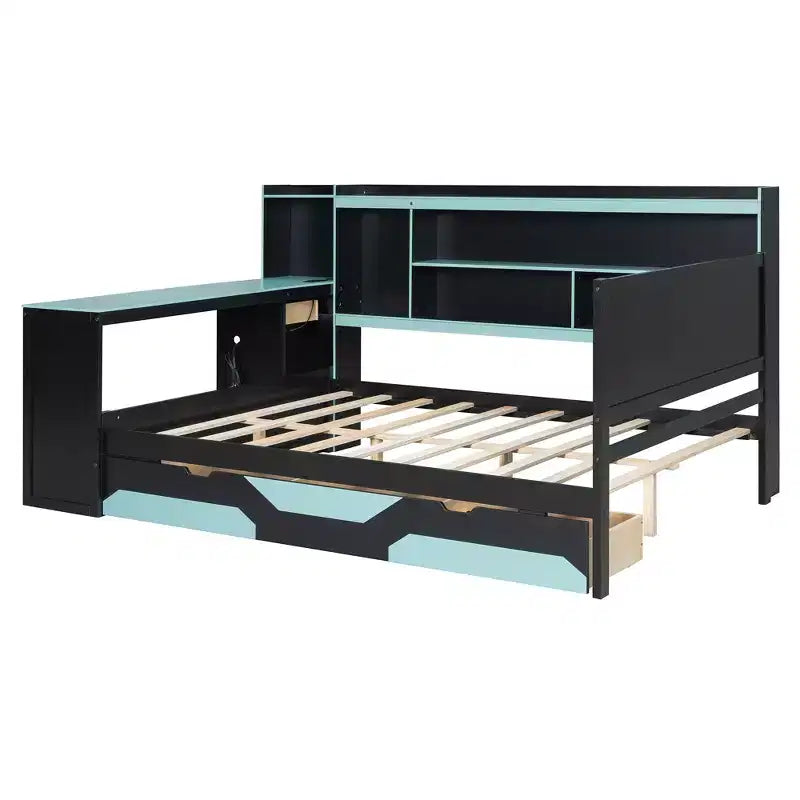 Full/Queen Gaming Daybed with Bookcase Headboard, LED Lights, Integrated Desk, Drawers and Charging Station