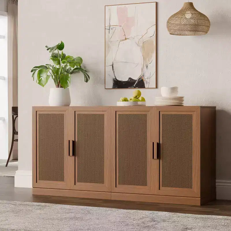 3-Set Rattan Door Sideboard Buffet Storage Cabinets with Adjustable Shelves - 93Lx31H