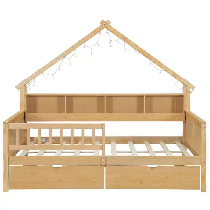 Full Size House Bed Frame with Drawers, House Platform Bed with LED Lights, Storage Shelves & Drawers, Wood Daybed with Roof and Guardrail