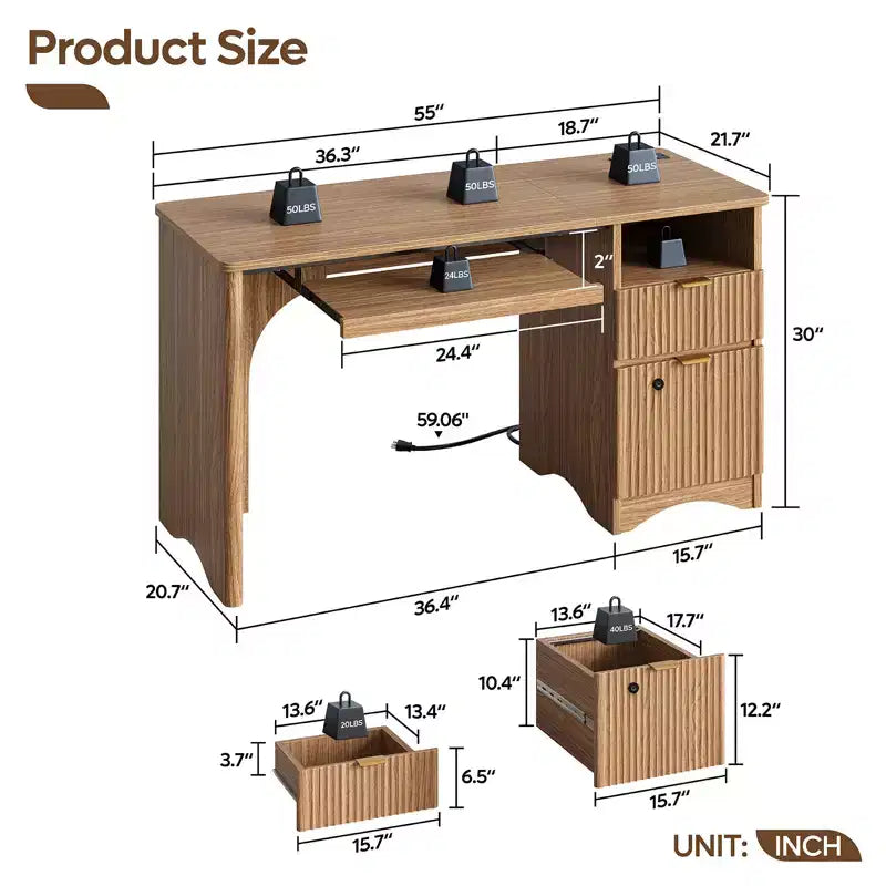 Bestier 55 Smart Computer Desk, Oak Writing Desk with File Drawers and Power Outlet, Executive Office Desk with Open Storage and Keyboard Tray
