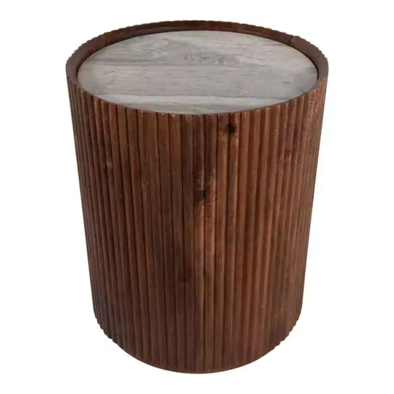 Decorative Ribbed Wooden Side Table with Marble Top and Storage - Small Home Decor Table Stand for Bedroom or Living Room Decor