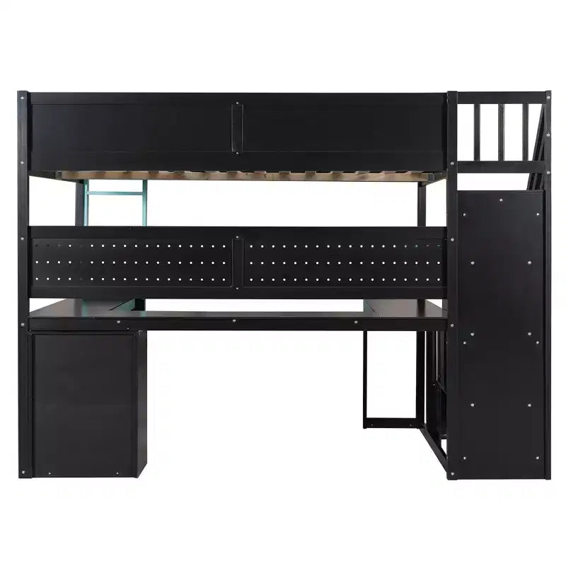 GDFStudio Scott Wooden Gaming Loft Bed with Storage Stairs, Desk, Shelves & Pegboard