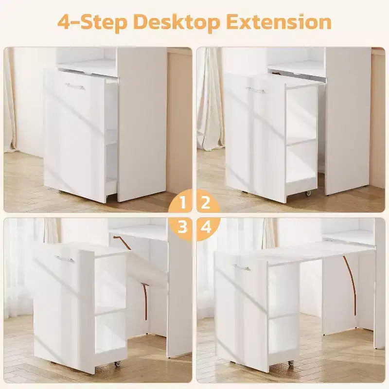 MooxvMoo Stretchable Desk with Storage Shelves and Mobile Wheels, Foldable Computer Table for Small Apartments and Home Offices, White