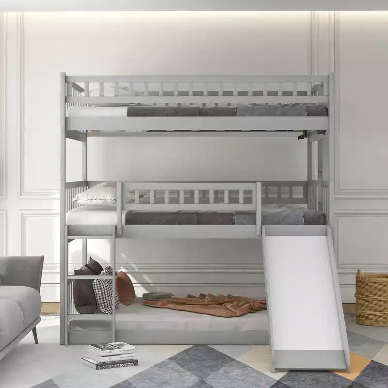 Full Over Full Triple Bunk Bed with Convertible Ladder and Slide, Triple Bed with Guardrails, White/Gray/Espresso - ModernLuxe