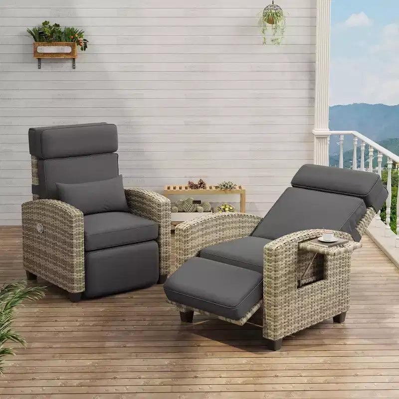 Chaise longue d'extérieur, chaises de patio inclinables avec dossier et repose-pieds réglables, chaise longue en osier jusqu'à 150° avec table escamotable
