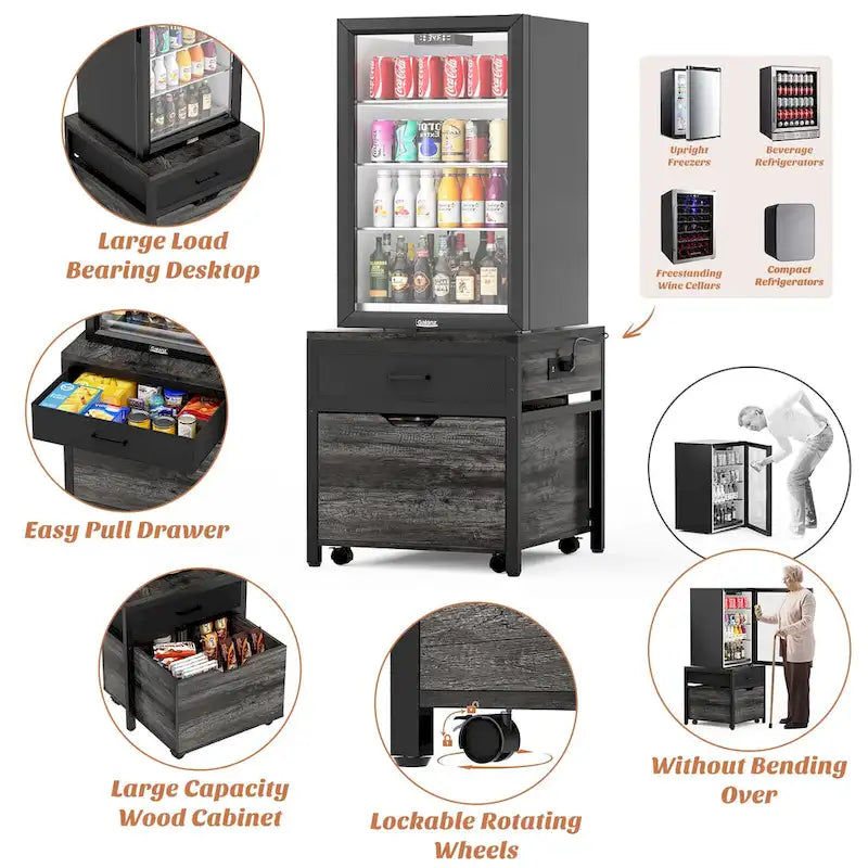 Mini Fridge Stand with Charge Station, Side/ End Table with Storage Drawers and Rolling Cabinet