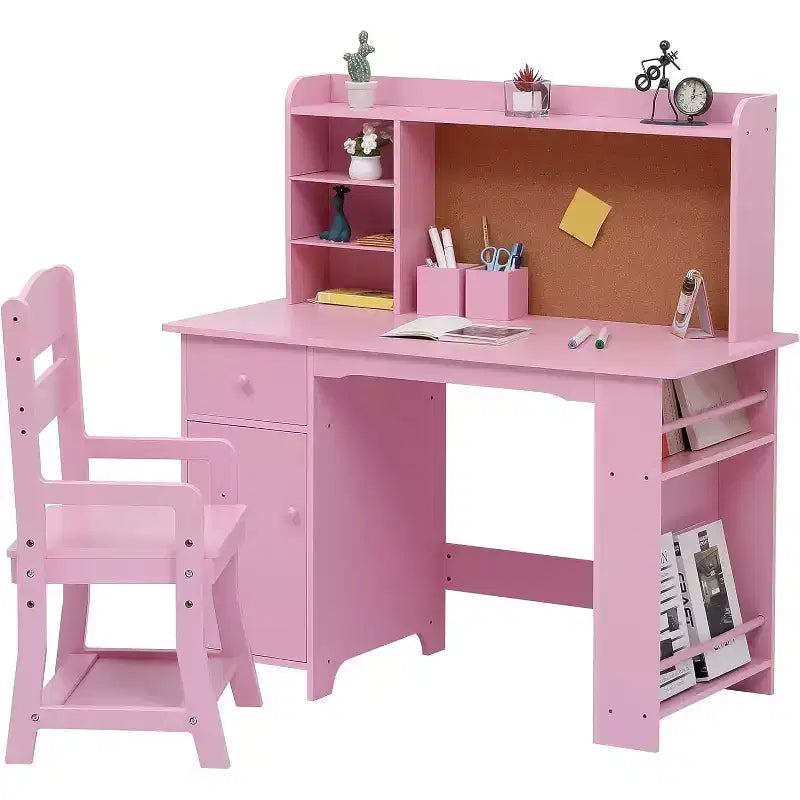 Kids Desk, Study Desk and Chair Set for Boys and Girl, Wooden Kids Writing Table with Bookshelf, Bulletin Board, Cabinet and Drawer for Ages 3-8