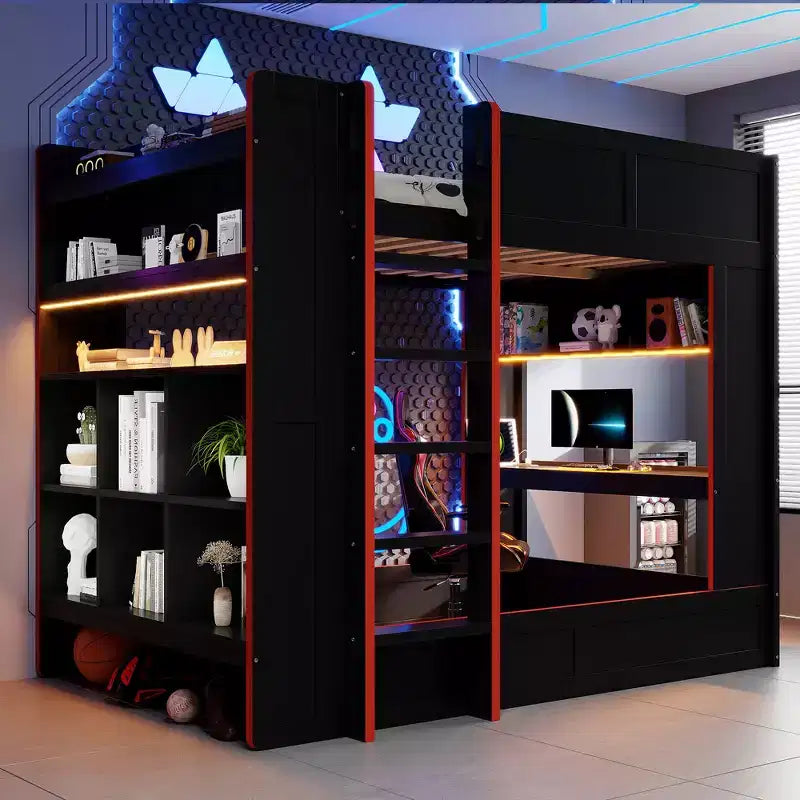 Full Size Wood Gaming Bunk Bed with Built-In Desk, Storage Shelves, 7-Color LED Lights & Charging Station, Black - ModernLuxe