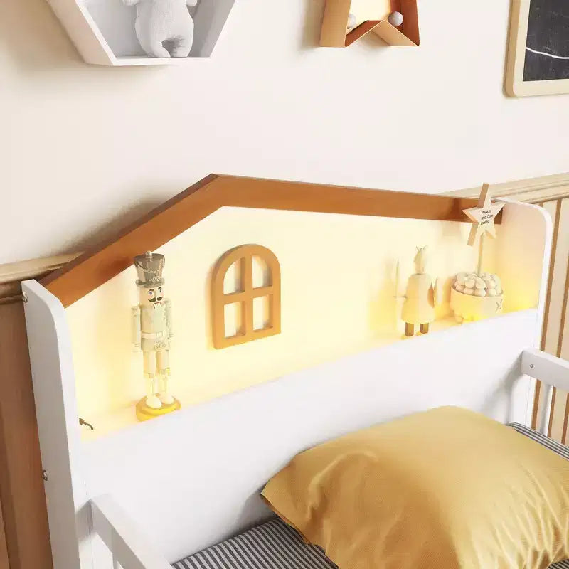 Whisen Low Twin Loft Bed with LED Lights, House Shape Headboard & Storage Drawers, Solid Construction