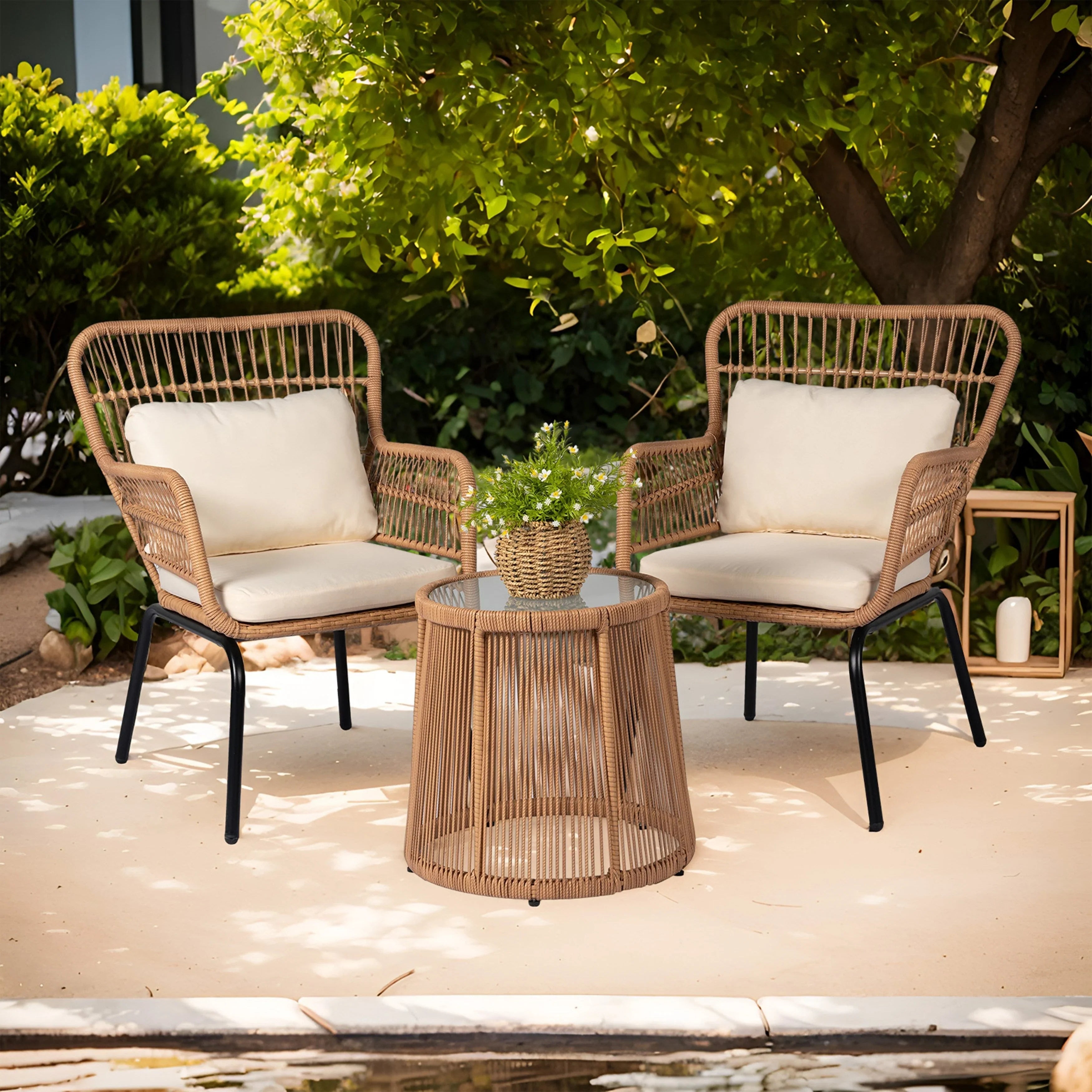 Ensemble bistrot 3 pièces en osier pour conversation, salon de jardin en rotin résistant aux intempéries avec coussins