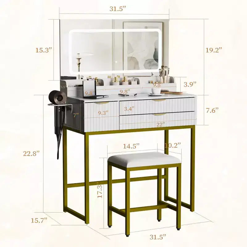 Vanity Desk with Mirror and Lights, LED Lighted Mirror Design, Ample Storage Drawers for Cosmetics and Toiletries Organization