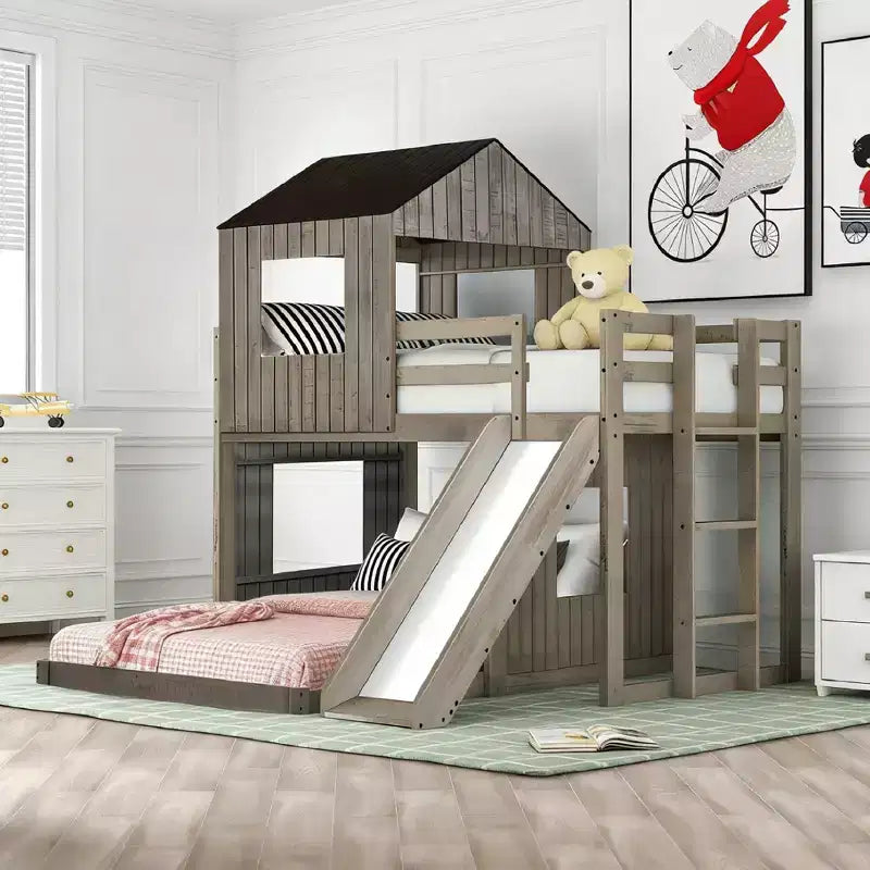 Luxystar Twin Over Full Wood Bunk Bed with Playhouse, Slide and Guardrails
