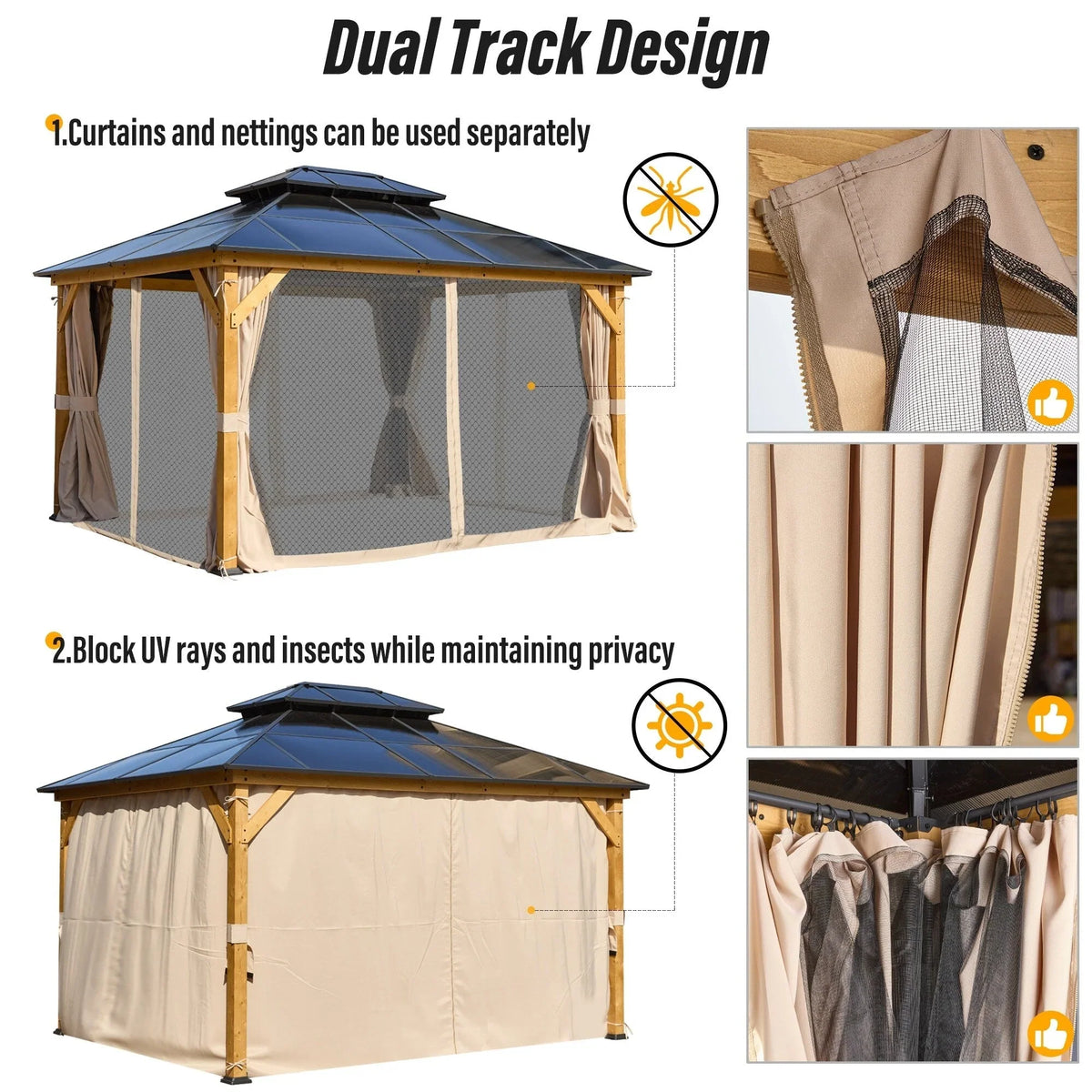 EROMMY Hardtop Gazebo,Outdoor Pergola with Double Roof & Netting & Curtains,Heavy Duty Canopy for Patio, Backyard, Pool party