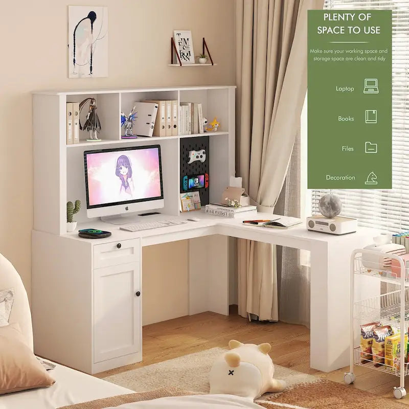 L Shaped Desk with outlet, Computer Desk with Drawers, Bookshelf & Hutch, Modern Corner Desk, Home Office Desk