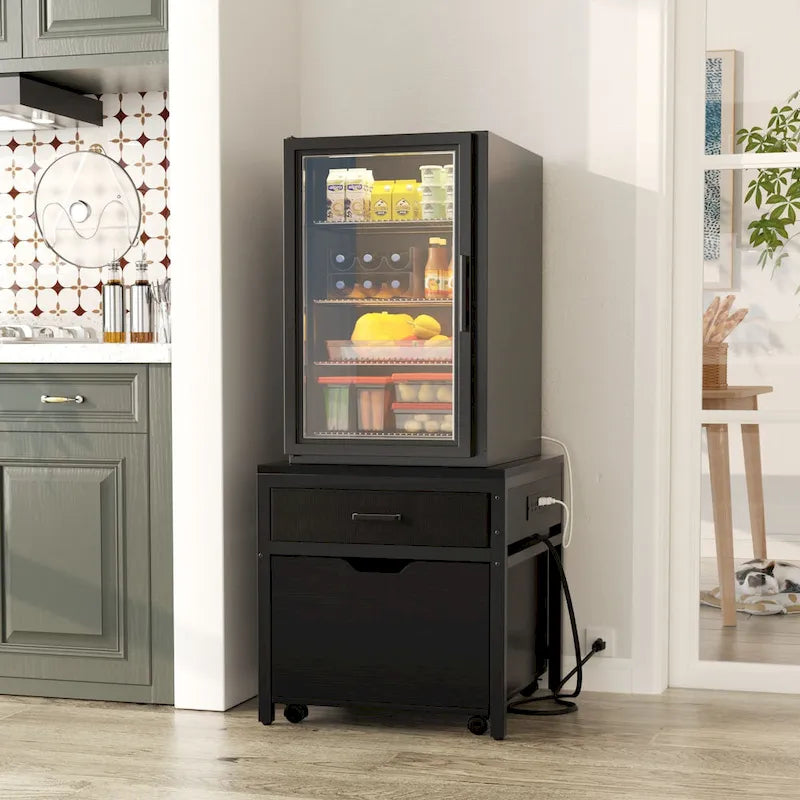 Mini Fridge Stand with Charge Station, Side/ End Table with Storage Drawers and Rolling Cabinet