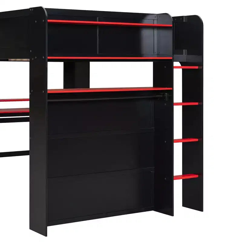 Luxystar Full Size Loft Bed With Lighted Adjustable Desk, Open Wardrobe and Bookcase