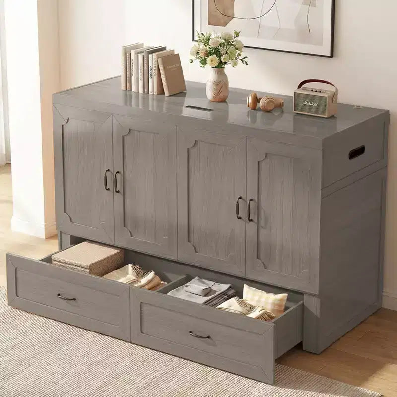 Mjkone Queen Size Convertible Murphy Cabinet Bed with Mattress, USB Charging, Storage Drawers