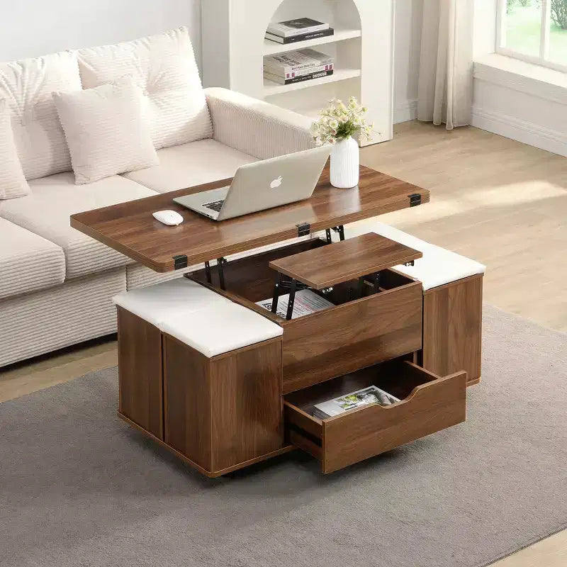 Multi-Function Modern Lift-Top Coffee Table with Hidden Storage, 4 Stools and Casters, Perfect for Modern Living Spaces