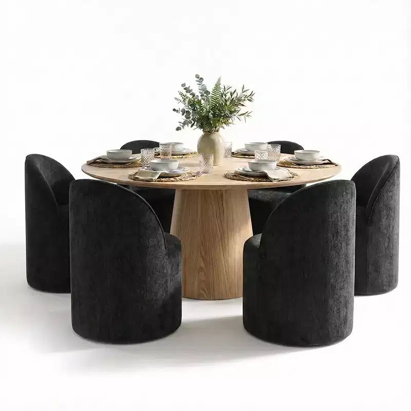 Modern Dining Table Set For 6, Round Pedestal Dining Table, Swivel Rolling Barrel Chairs With Wheels, Textured Chenille- Panipeachy