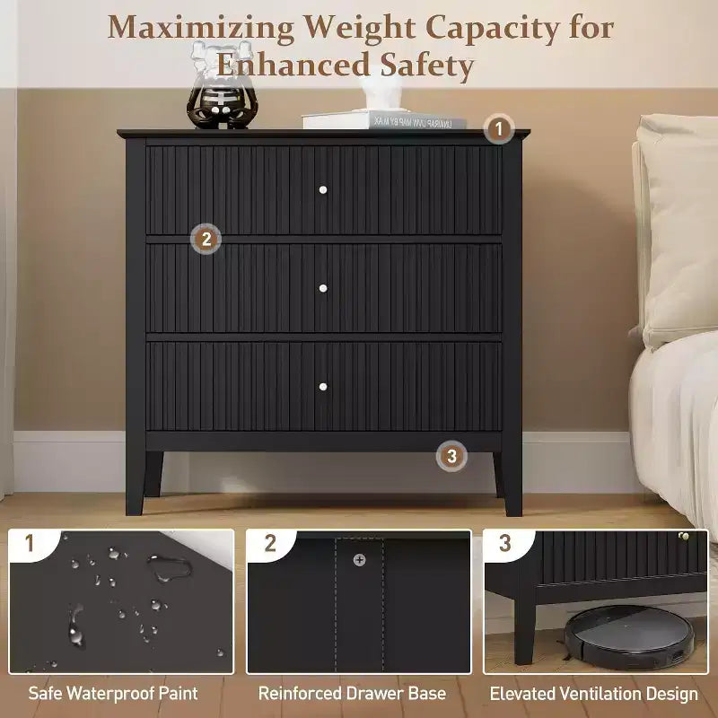Heynemo 3 Drawer Dresser, Painted 30 Inch Tall Wood Nightstand with Storage, Wide Modern Chest of Drawers with Ball Bearing Slide