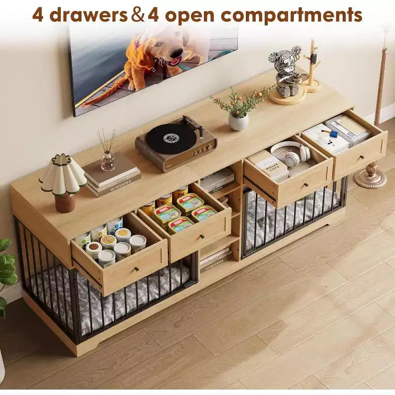 82 Double Dog Crate Furniture, Large Dog Kennel Indoor for 2 Dogs, Heavy Duty Wooden Dog Crate TV Stand with 4 Drawers and Shelves