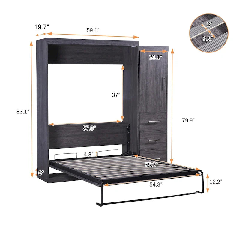 Gray Foldable Murphy Bed with Wardrobe & 3 Drawers, Full/Twin, 1-Person
